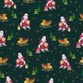 Sitting Santa with a lamp and a bag of gifts. Green background with images of sleds, Christmas trees and snowflakes.